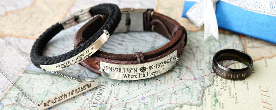 cutom latitude & longitude coordinates bracelets for his and hers, silver bar necklaces, mens rings black