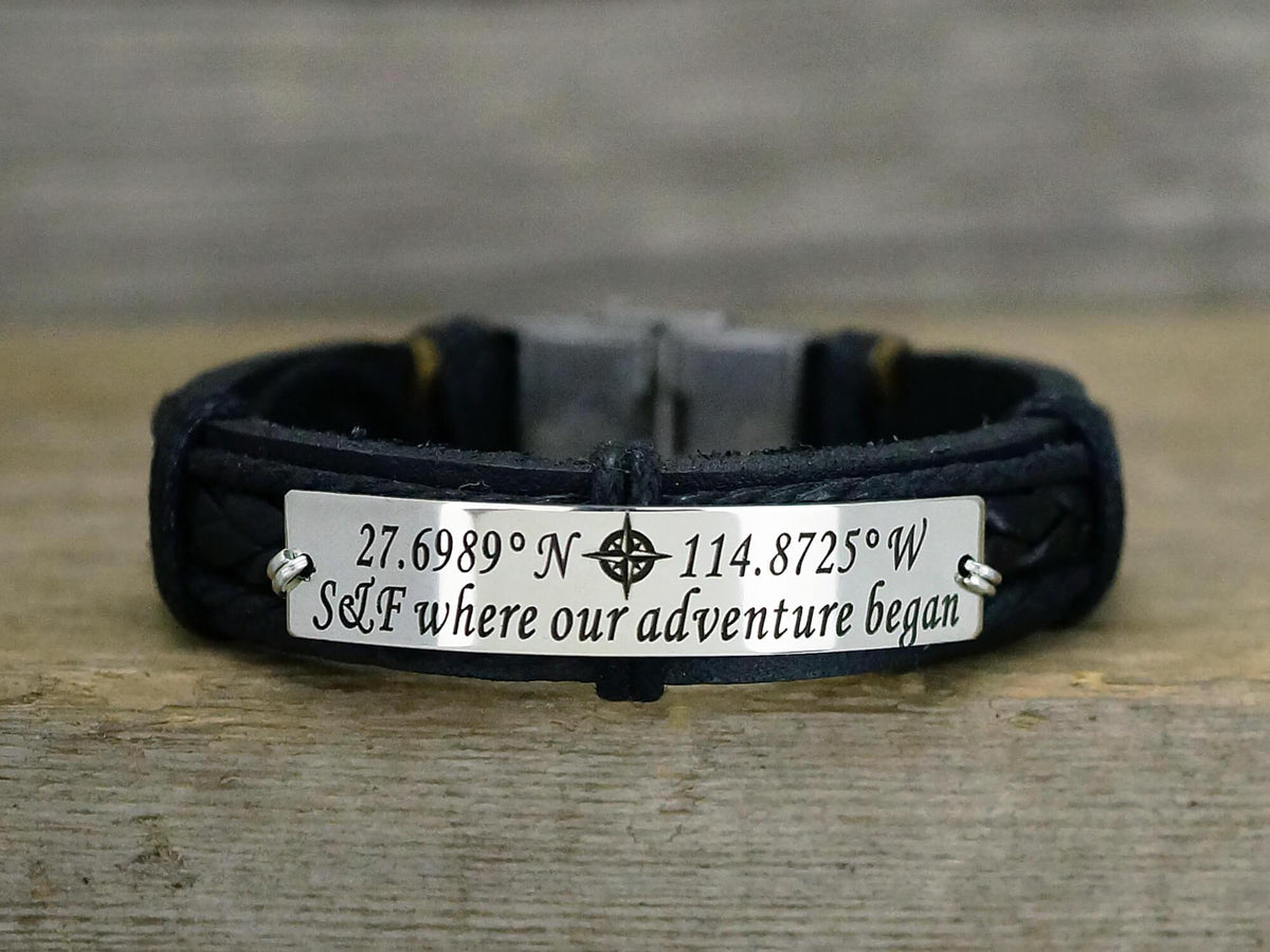 Custom Coordinates Bracelet Mens Leather Cuff Where the story began