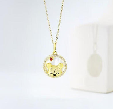 Winnie the Pooh Necklace 18k Gold, Sterling Silver Winnie Pooh Necklace, Teddy Necklace, Dainty Bear Necklace, Pearl Shell Pendant