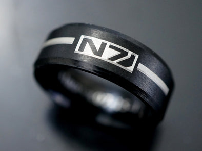 Mass Effect Ring, N7 Ring, Video Game Jewelry, IP Beveled Edge Tungsten Ring