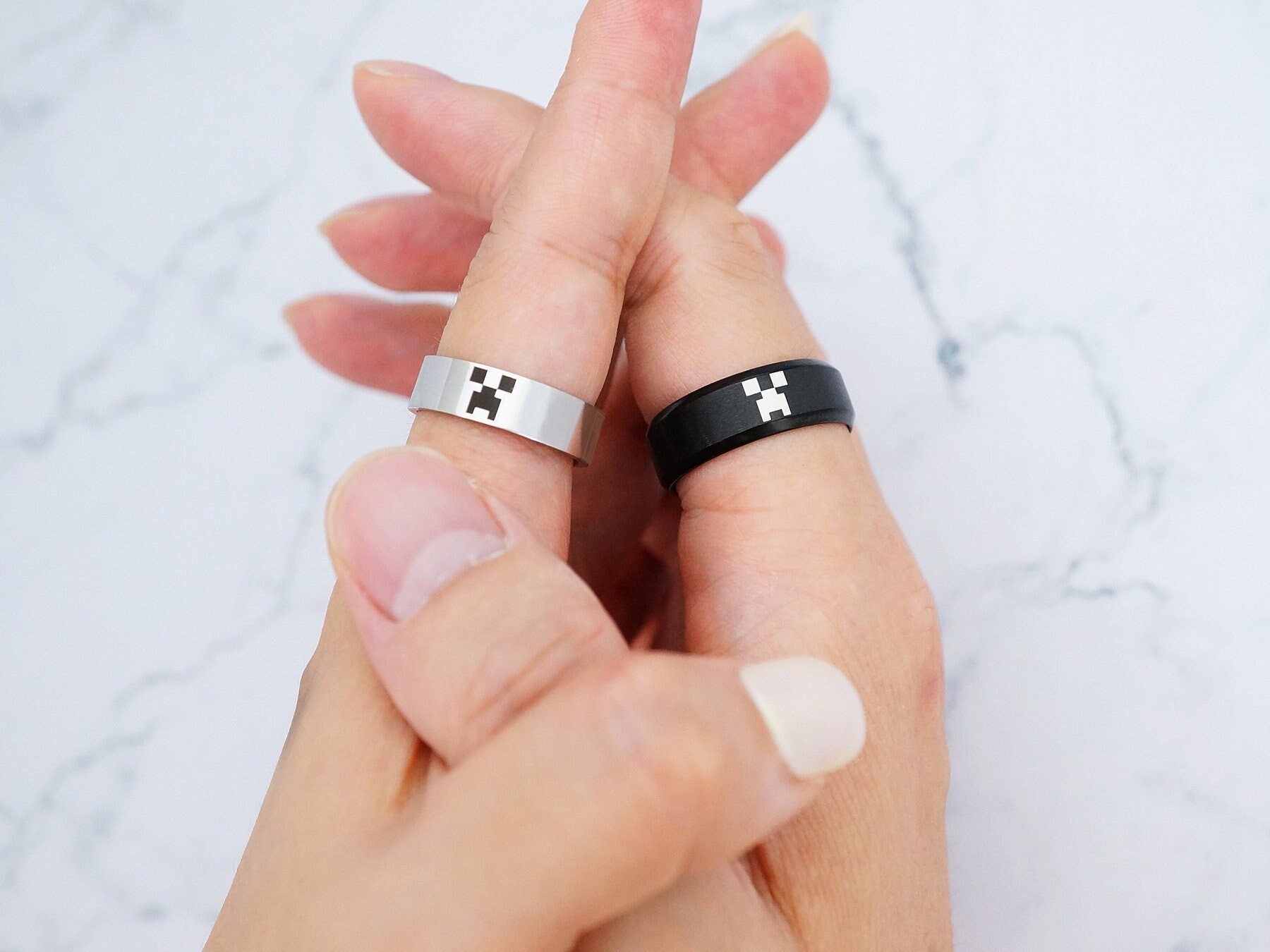 Minecraft Rings for Couple, Minecraft Gaming Inspired Rings, Custom En