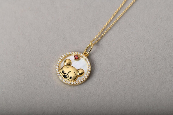 Winnie the Pooh Necklace 18k Gold, Sterling Silver Winnie Pooh Necklace, Teddy Necklace, Dainty Bear Necklace, Pearl Shell Pendant