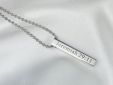 Bible Verse Necklace, Jeremiah 29:11 Scripture Necklace, Religious Jewelry, Silver Vertical Bar, 4 Sided Engraved Pendant Steel