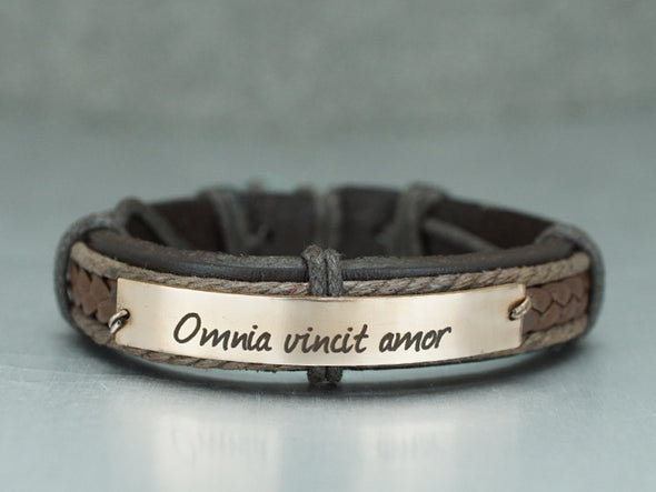Couple Bracelets- Omnia vincit amor, His and Her Bracelet, Inspirational Latin Jewelry, Leather Cuff