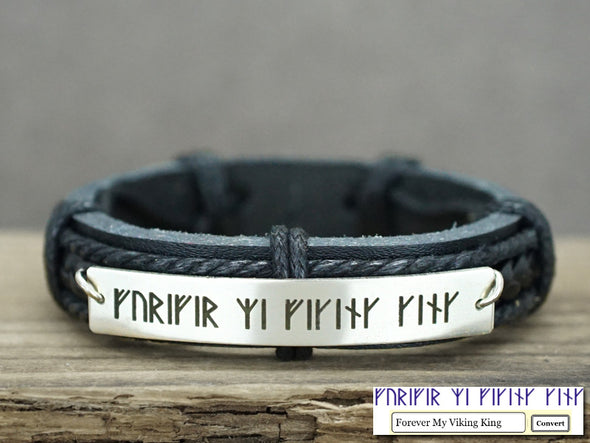 Rune Bracelet, Viking Bracelet, Custom Mens Leather Bracelet, Engraved Bracelet, Forever My Viking King