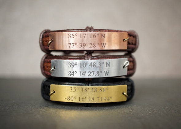 Custom Coordinates Engraved Location Mens Leather Bracelet