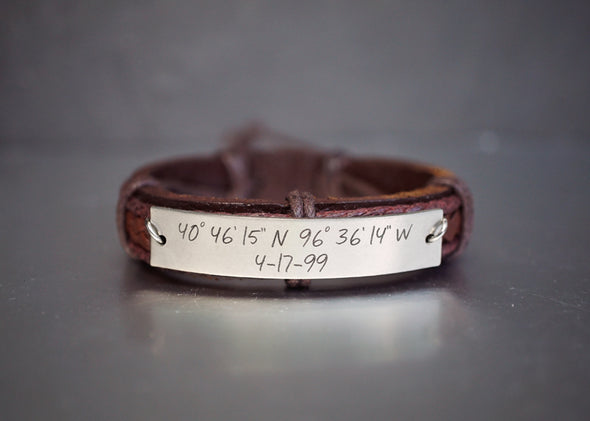 Personalized Mens Leather Bracelet, Custom Coordinate Bracelet