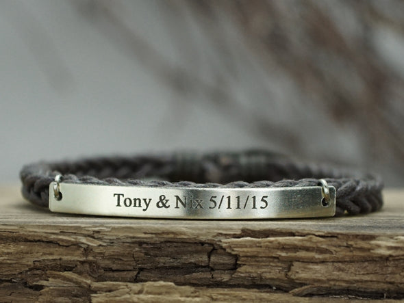Custom Initial Date Bracelet, Personalized Braided Bracelet, Engraved Nameplate Cord Bracelet
