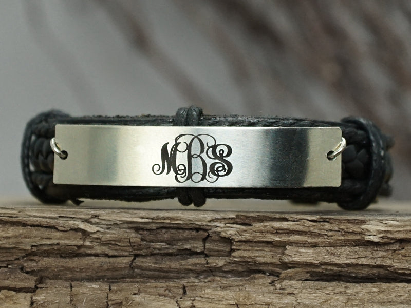 Custom Leather Monogram Bracelet, 3 Initial Monogrammed Gift, Mens Engraved Leather Braided Bracelet 8.5 inches-large +$2 / Yes