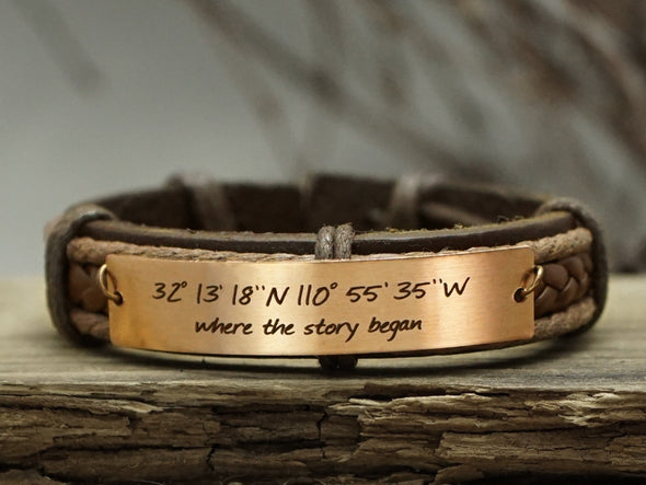 mens leather coordinate bracelet engraved where the story began