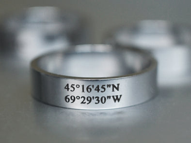 Silver Custom Coordinate Ring, Engraved Ring, Latitude Longitude Ring