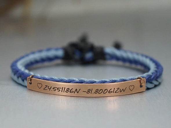 Latitude Longitude Bracelet, Custom Coordinates Bracelet, Blue Cord Braided Bracelet