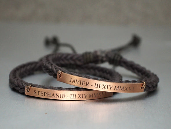 Name Anniversary Date Couple Bracelets, Matching Roman Numeral Bracelets