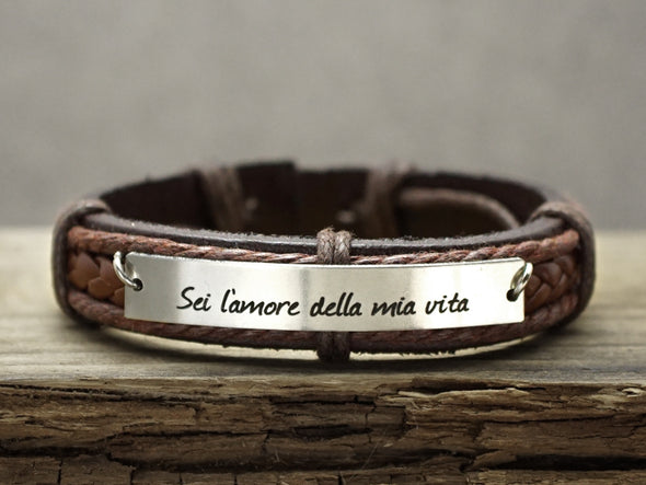 Italian Jewelry- Sei l'amore della mia vita, Custom Leather Bracelet, Engraved Bracelet