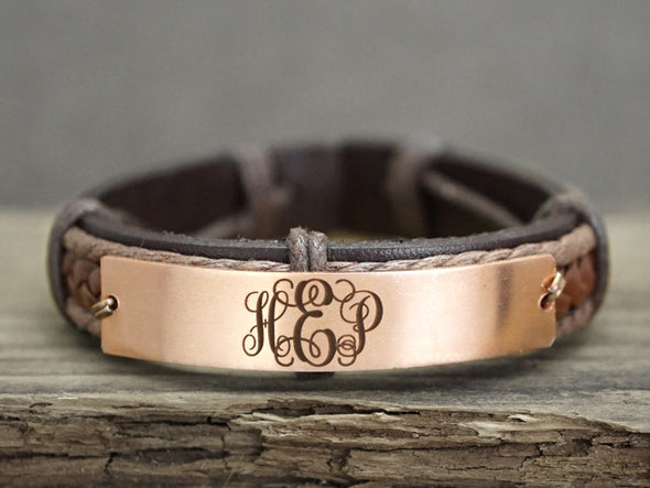 Custom Leather Monogram Bracelet, Initial monogrammed Gift, Mens Engraved Leather Braided Bracelet