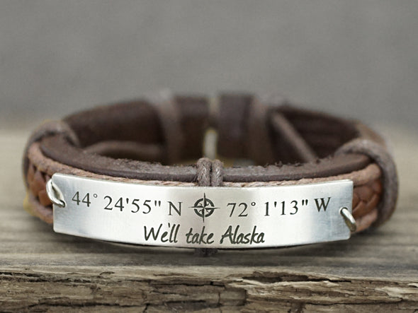 Custom Mens Leather Bracelet, Coordinate Bracelet, Compass Location Bracelet