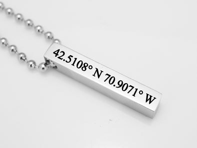 Custom Coordinates Necklace, Silver Pendant Necklace, Vertical Bar Necklace