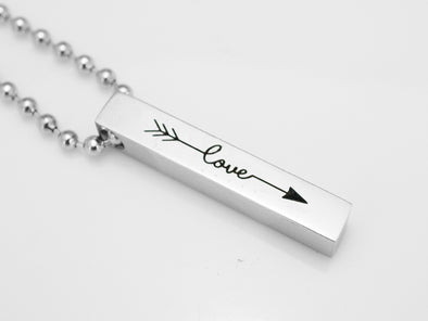 Arrow Love Engraved Necklace, Silver Vertical Bar Necklace