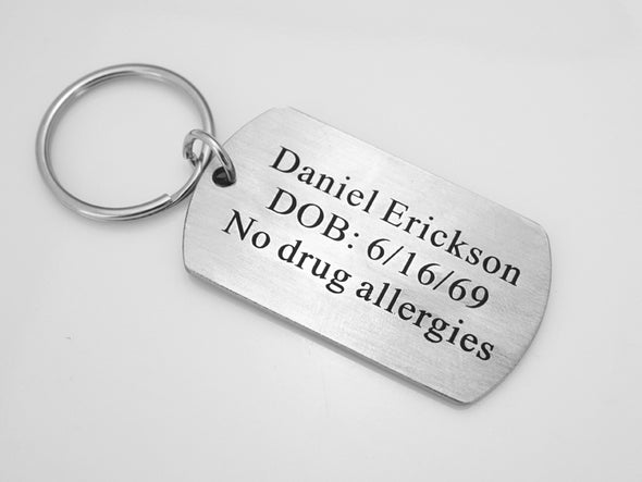 Personalized Medical Alert Tag, Allergy Keychain for Emergency, Dog Tag Key Chain, Name Engraved