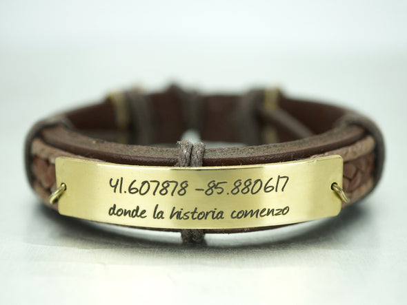 Custom Coordinates Bracelet, Spanish Quote Engraved Bracelet, Mens Leather Bracelet