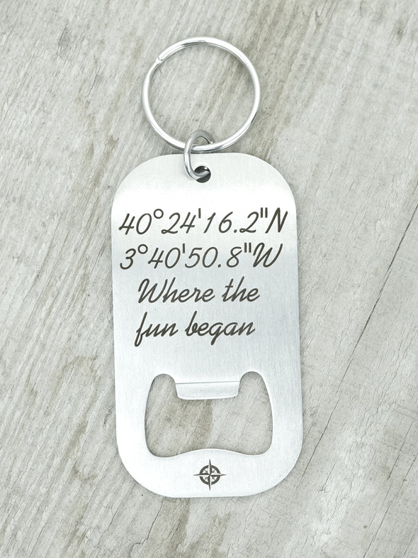 Latitude Longitude Bottle Opener Keychain, Custom Coordinates Key Chain, Compass Coordinate Engraved