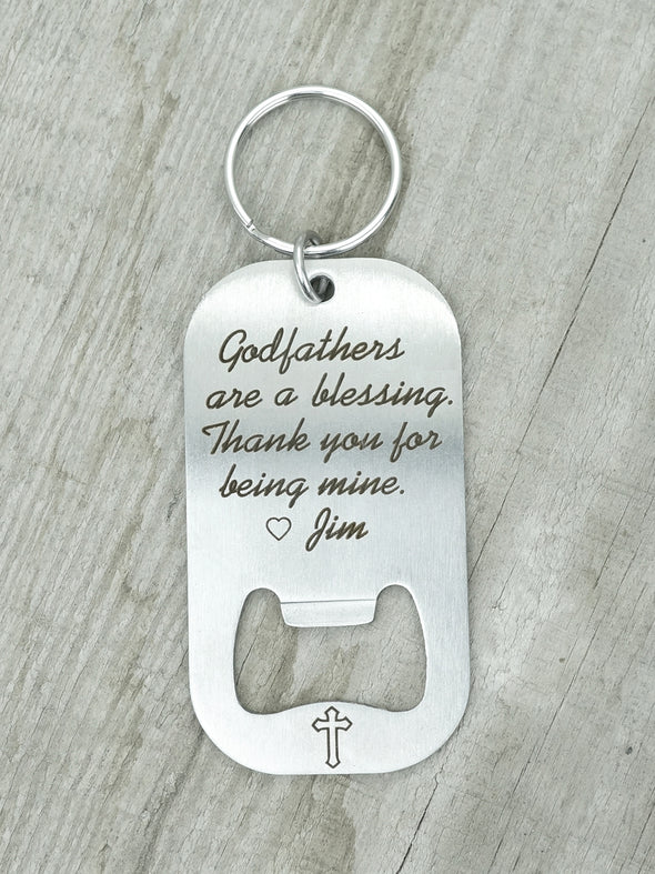 Godfather Keychain, Baptism Gift, Cross Charm Engraved, Christening Keychain, Engraved Bottle Opener