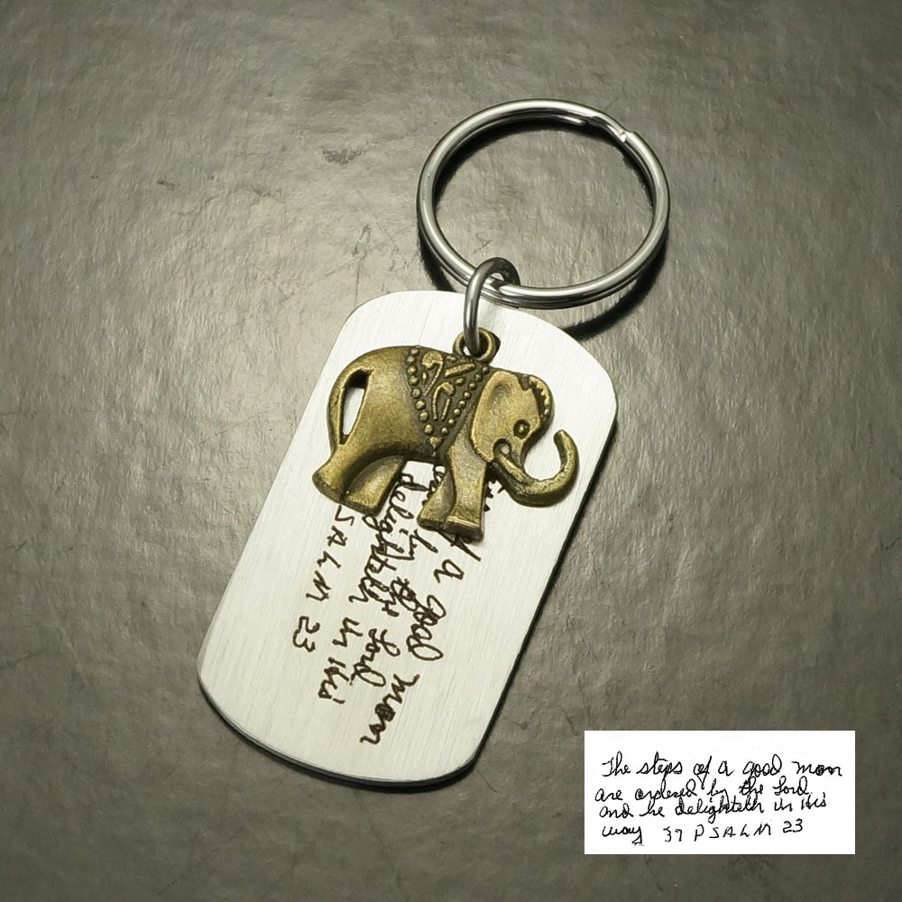 Handmade Handwriting Keychain, Memorial Signature & Bronze Elephant Ke