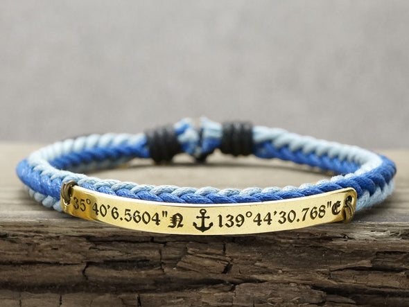 Custom Coordinates Bracelet, Anchor Bracelet, Engraved Bracelet,Skinny Cord Braided,Nautical Jewelry