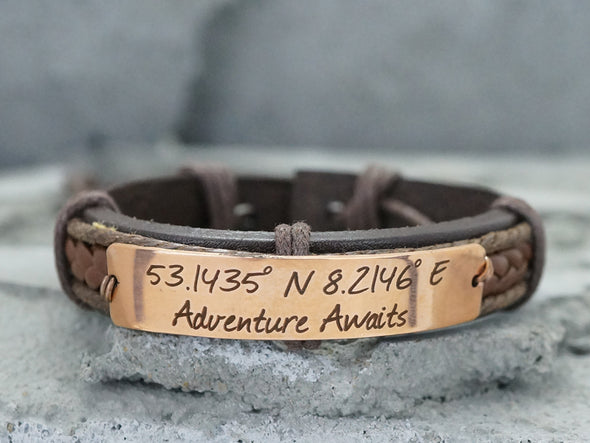 Custom Coordinates Bracelet, Adventure Awaits Jewelry, Custom Mens Leather Bracelet, Engraved Cuff