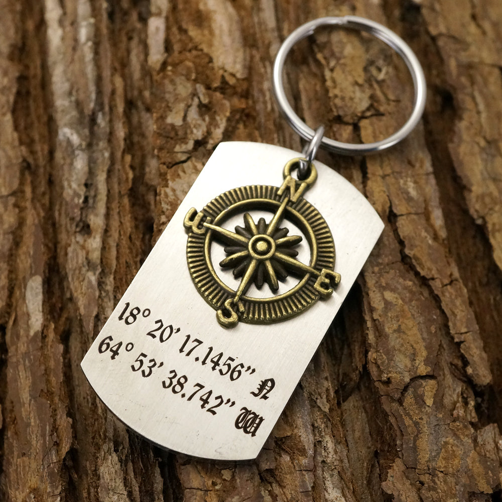 Coordinate Keychain, Compass Keychain, Latitude Longitude Keychain, Dog Tag KeyChain, Mens Keychain