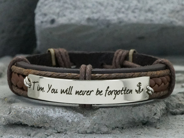 Mens Leather Engraved Bracelet Gold, Father's Day Gift for Step Dad