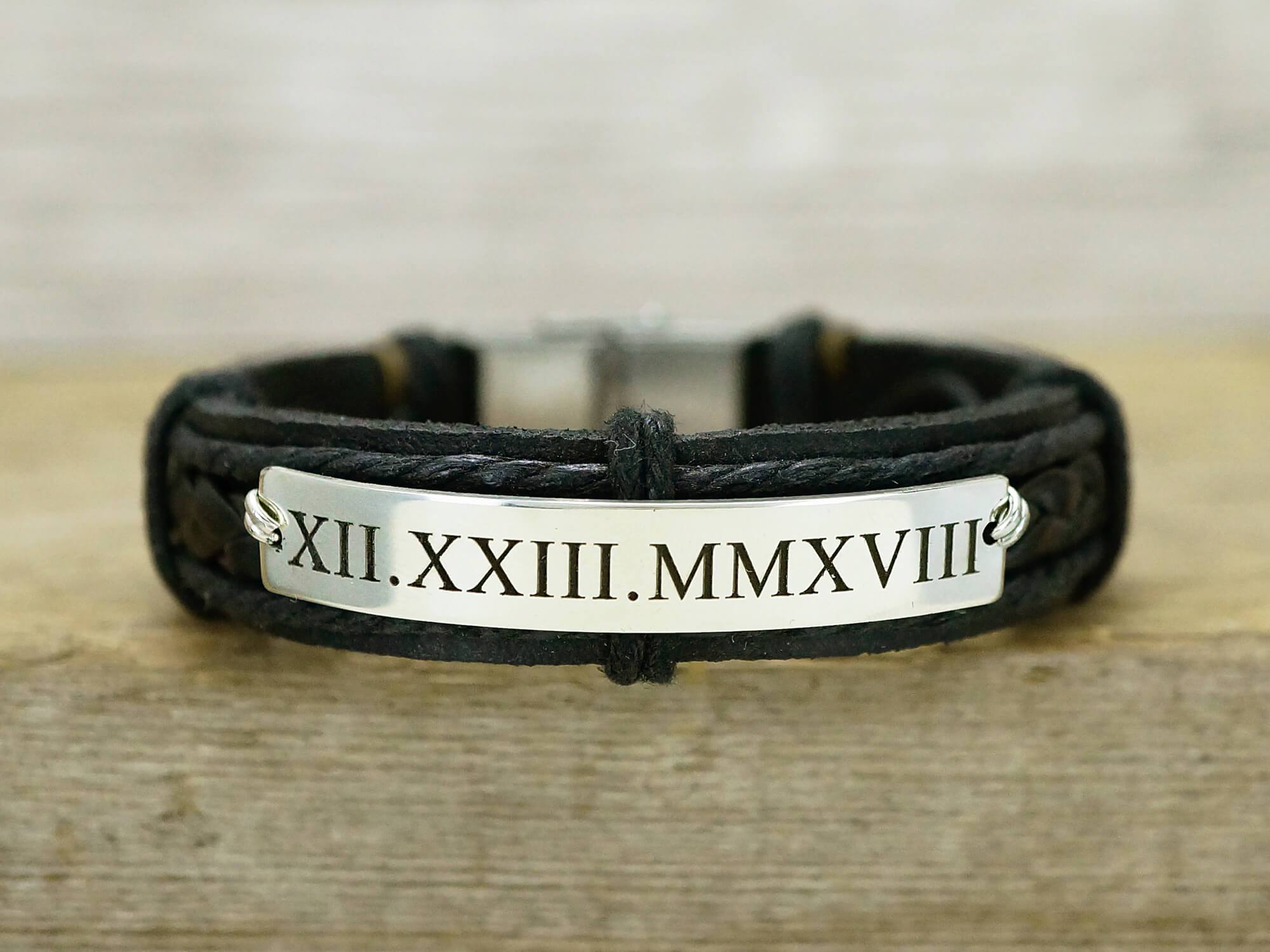 Personalized Date Bracelet, Roman Numeral Bracelet, Leather Heart Engr