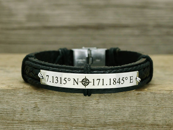 Custom Coordinate Bracelet, Engraved Bracelet, Location Bracelet, Mens Leather Cuff
