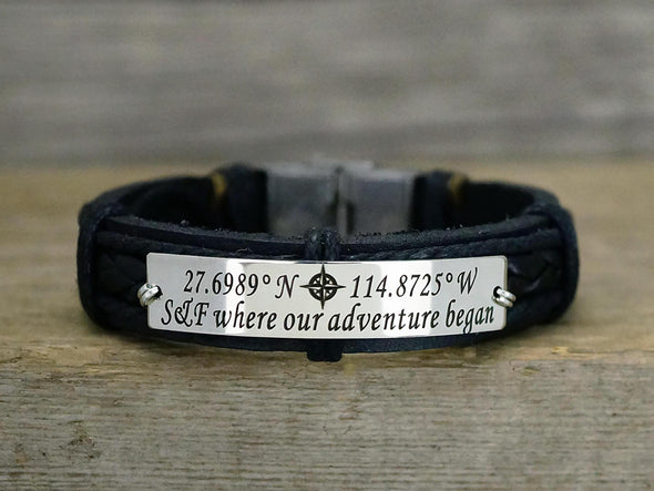 Custom Coordinates Bracelet, Mens Leather Cuff, Where the story began, Quote Engraved Bracelet
