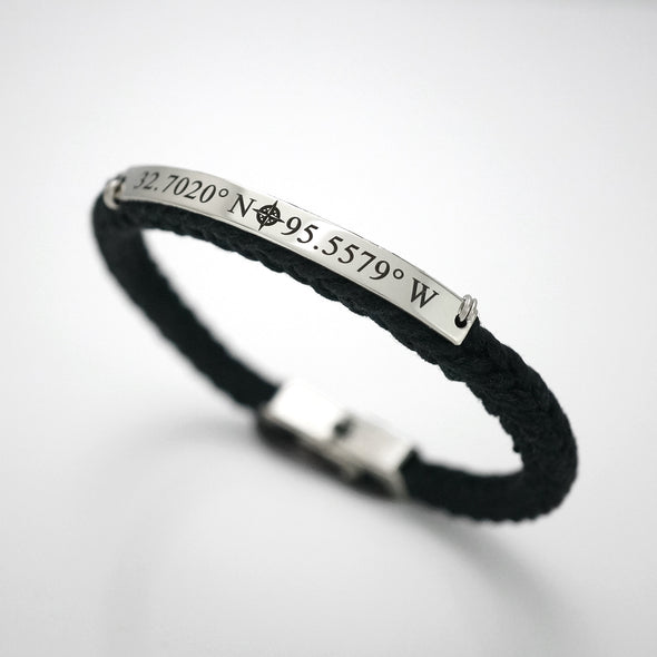 Custom Coordinates Bracelet, Compass Rose Bracelet, Engraved Cord Bracelet, latitude longitude bracelet