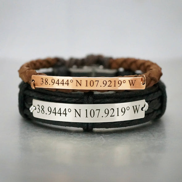 Coordinate Bracelets for Him and Her, Longitude and Latitude Bracelets for Couples, Custom Matching Leather Cuffs