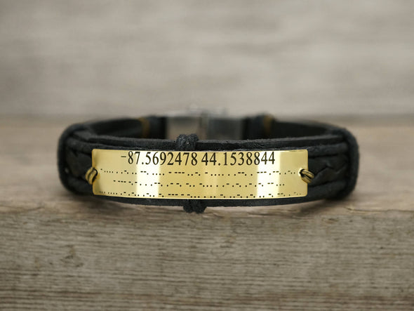Mens Morse Code Bracelet, Coordinates Bracelet for Him, Leather Jewelry with Secret Meanings