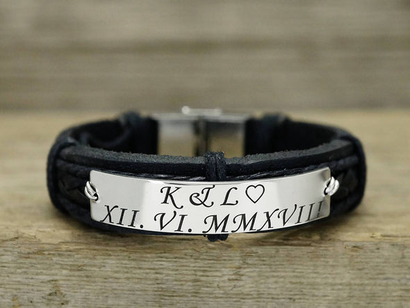 Custom Mens Leather Bracelet, Personalized Dad Bracelet, Roman Numeral Date Jewelry, Daddy Bracelet