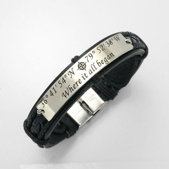 Coordinate Bracelets for Him and Her, Longitude and Latitude Bracelets for Couples Leather Cuffs
