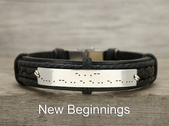 Mens Morse Code Leather Bracelet, Hidden Message New Beginning, Engraved Armband