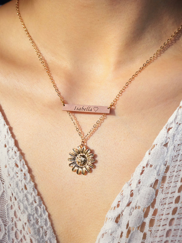 Name Engraved Necklace Rose Gold Sunflower Charm