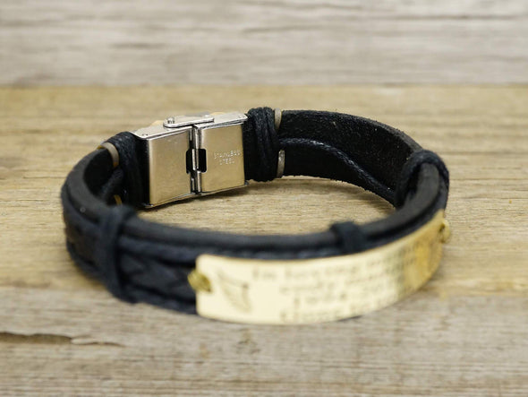 Mens Leather Engraved Bracelet Gold, Father's Day Gift for Step Dad